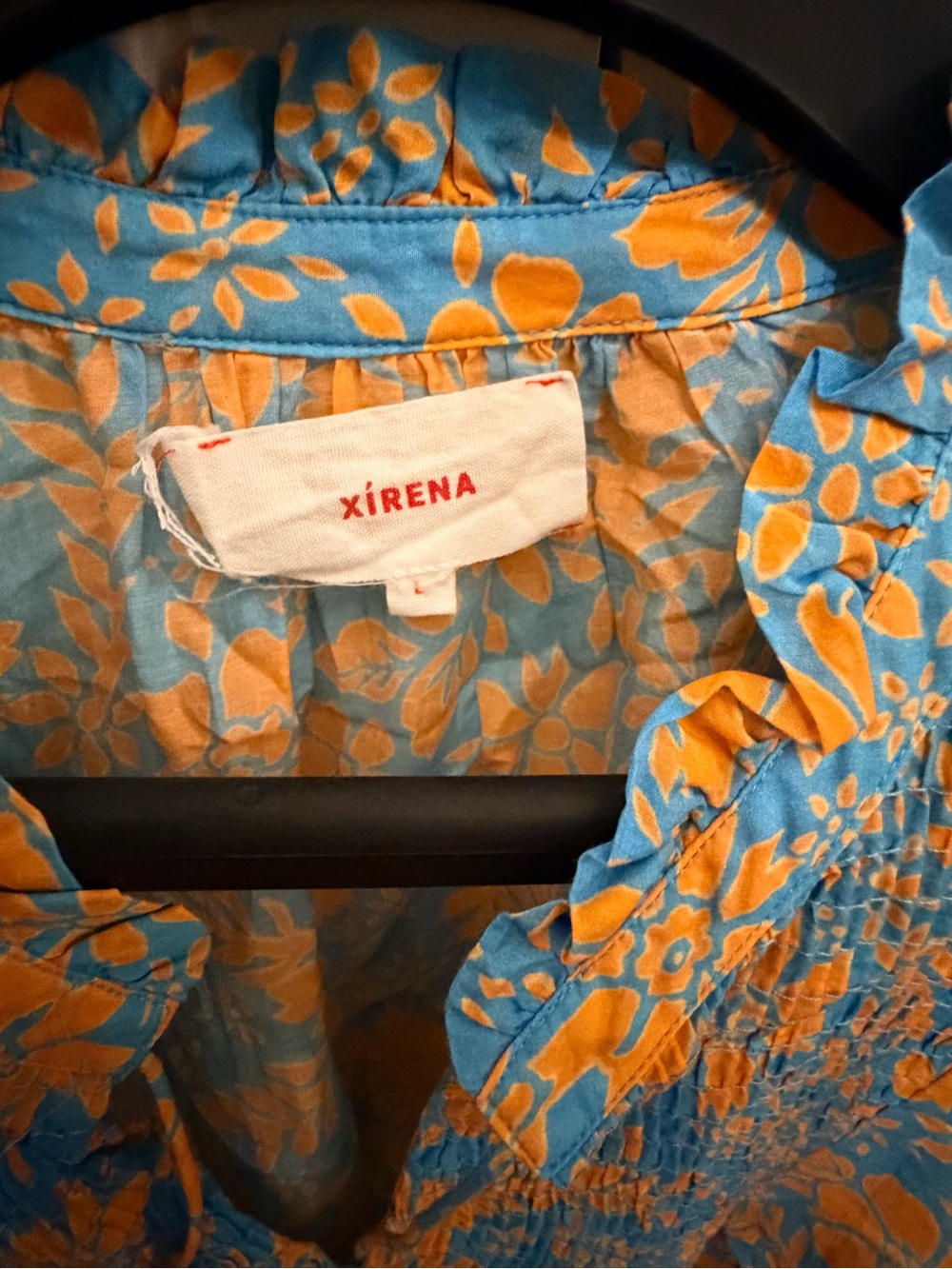XiRENA Blue Floral Top with Orange Print and Ruffle Sleeves - Picture 3 of 4